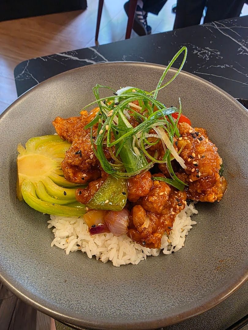 Rice bowl with crispy chicken and bok choy